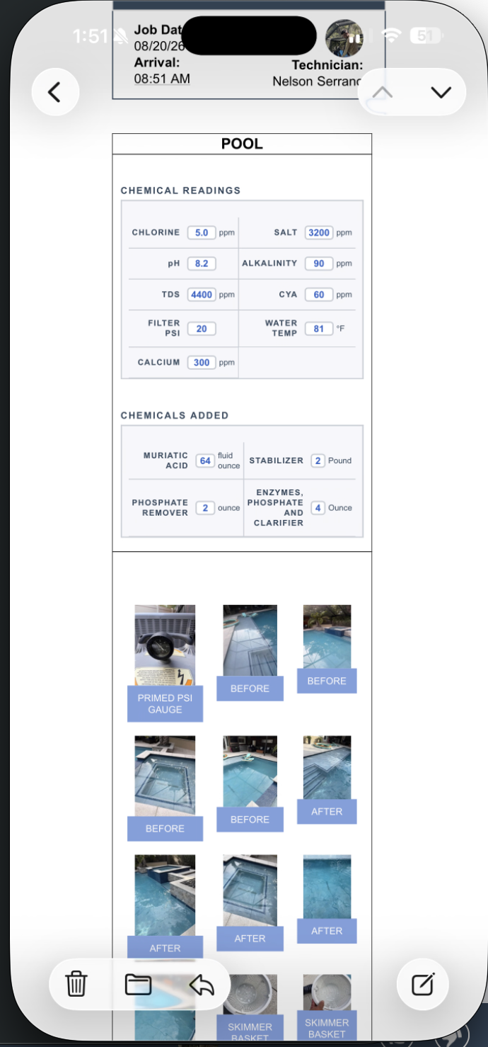 Example Tampa VIP pool service report showing chemical readings and service photographs